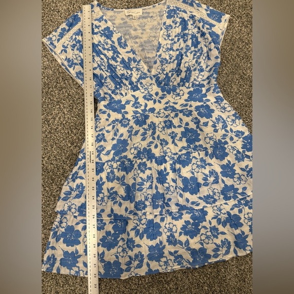 Sweet Lemon Blue and White Floral Deep V-Neck Lace Tiered Gathered Waist Dress - Picture 14 of 14